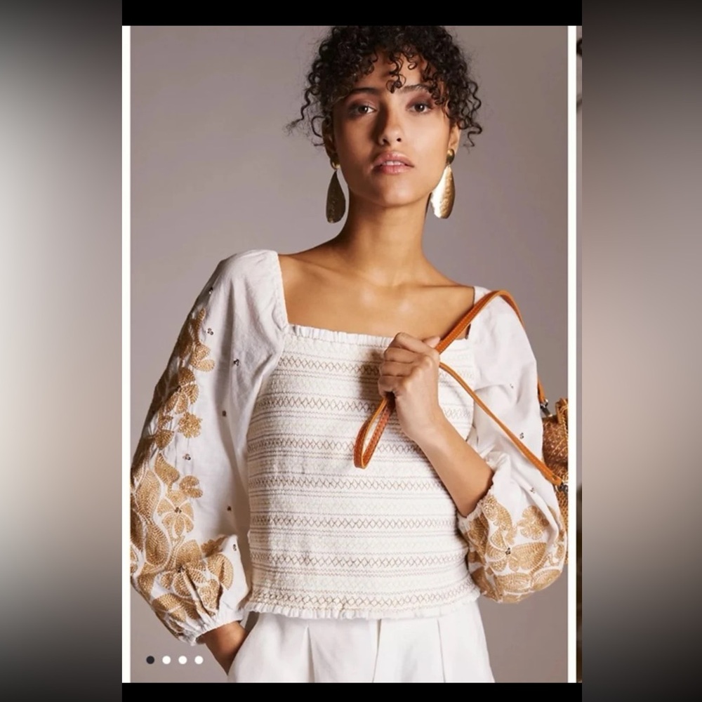 NWT Anthropologie Smocked Embroidered Top size XS
